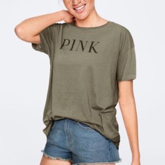VS PINK Green Logo Girlfriend Crew Tee L - Picture 4 of 6
